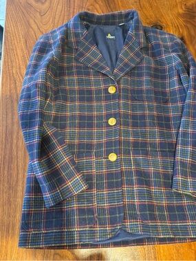 Liz Sport Navy Plaid Wool Blazer with Gold Buttons